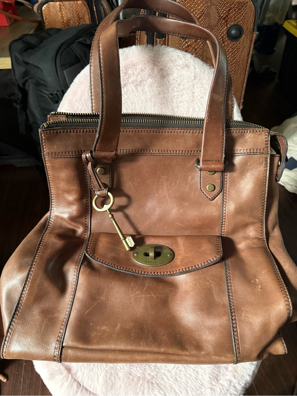 Fossil Brown Leather Satchel with Key Charm